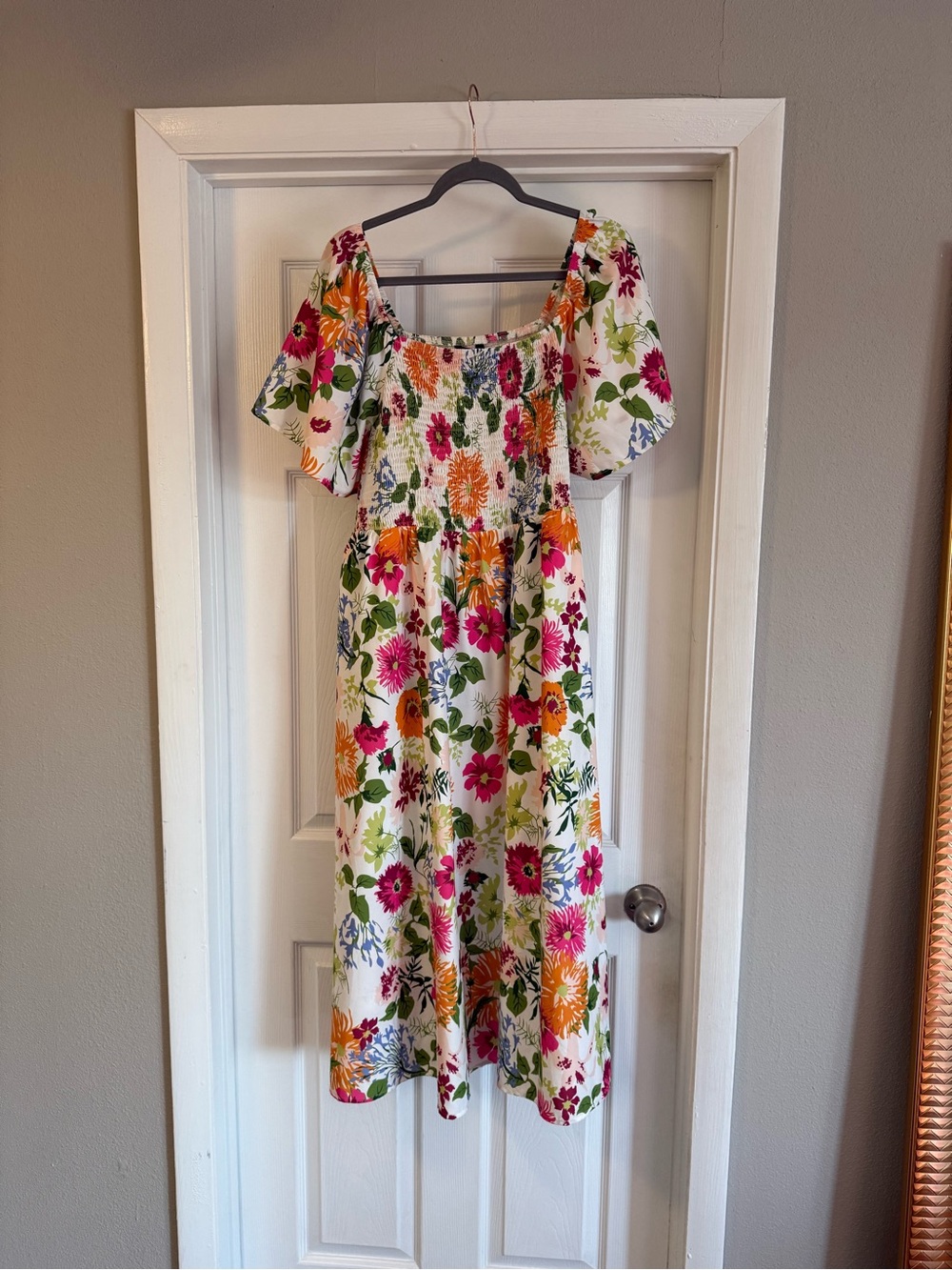 22/24 BloomChic White Floral Midi Dress with Pink & Orange Blooms